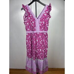 Loft Size 4 Pink Floral Midi Dress Lined Ruffle Sleeveless Zip Back Women's